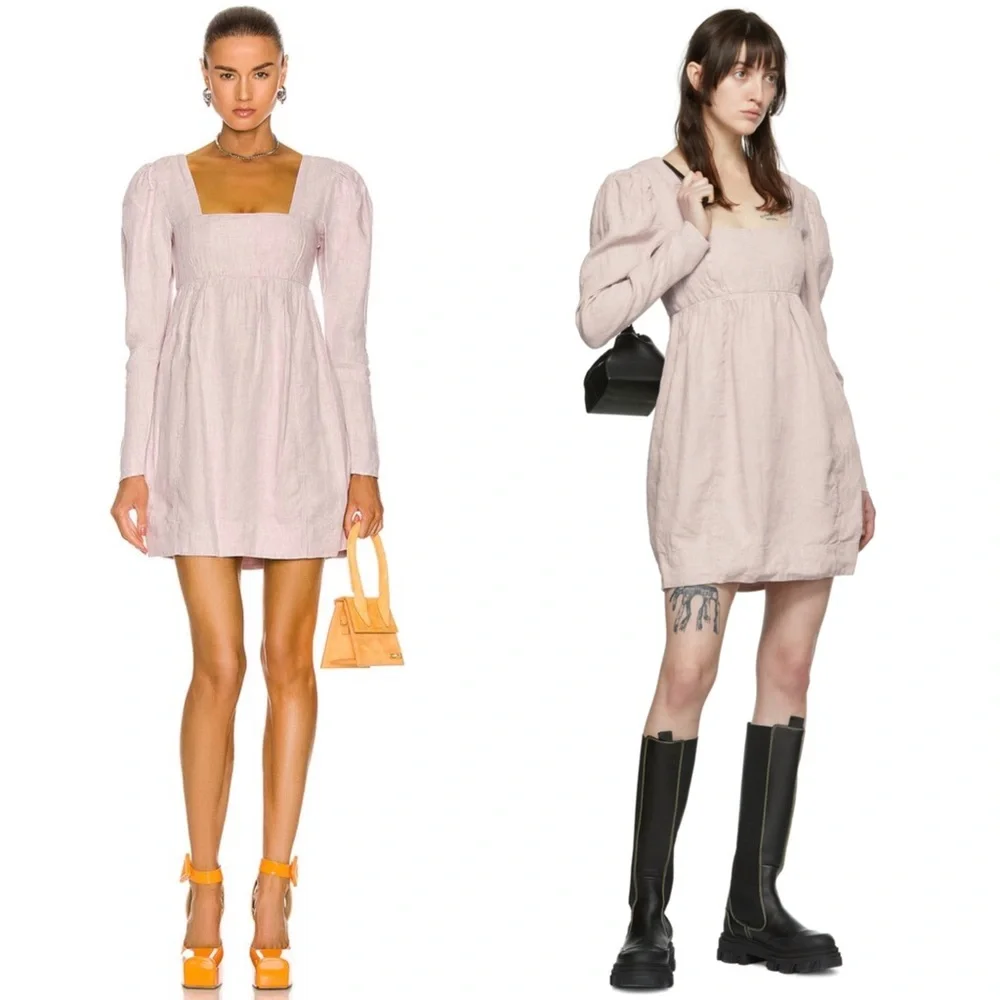 GANNI Lilac Hemp 90s Square Neck Long Sleeve Coquette Soft Girl Babydoll Dress L - Picture 1 of 14
